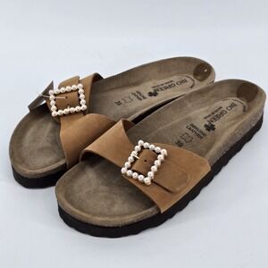 BIO GREEN leather upper Pearl Buckle Woman's Sandals Sz 39 /8.5 Cognac New